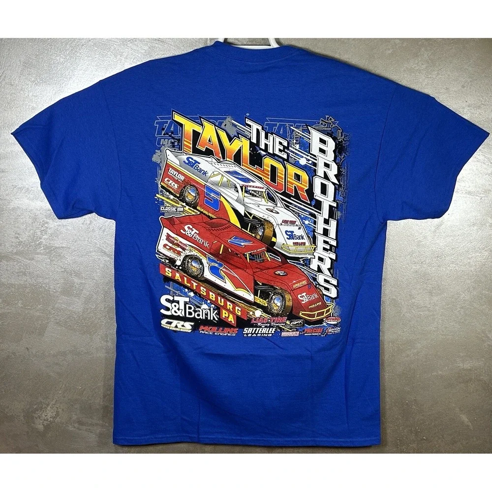 Racing Shirt Mens L Blue Short Sleeve Graphic Print Dirt Track Taylor Motorsport - Picture 6 of 6